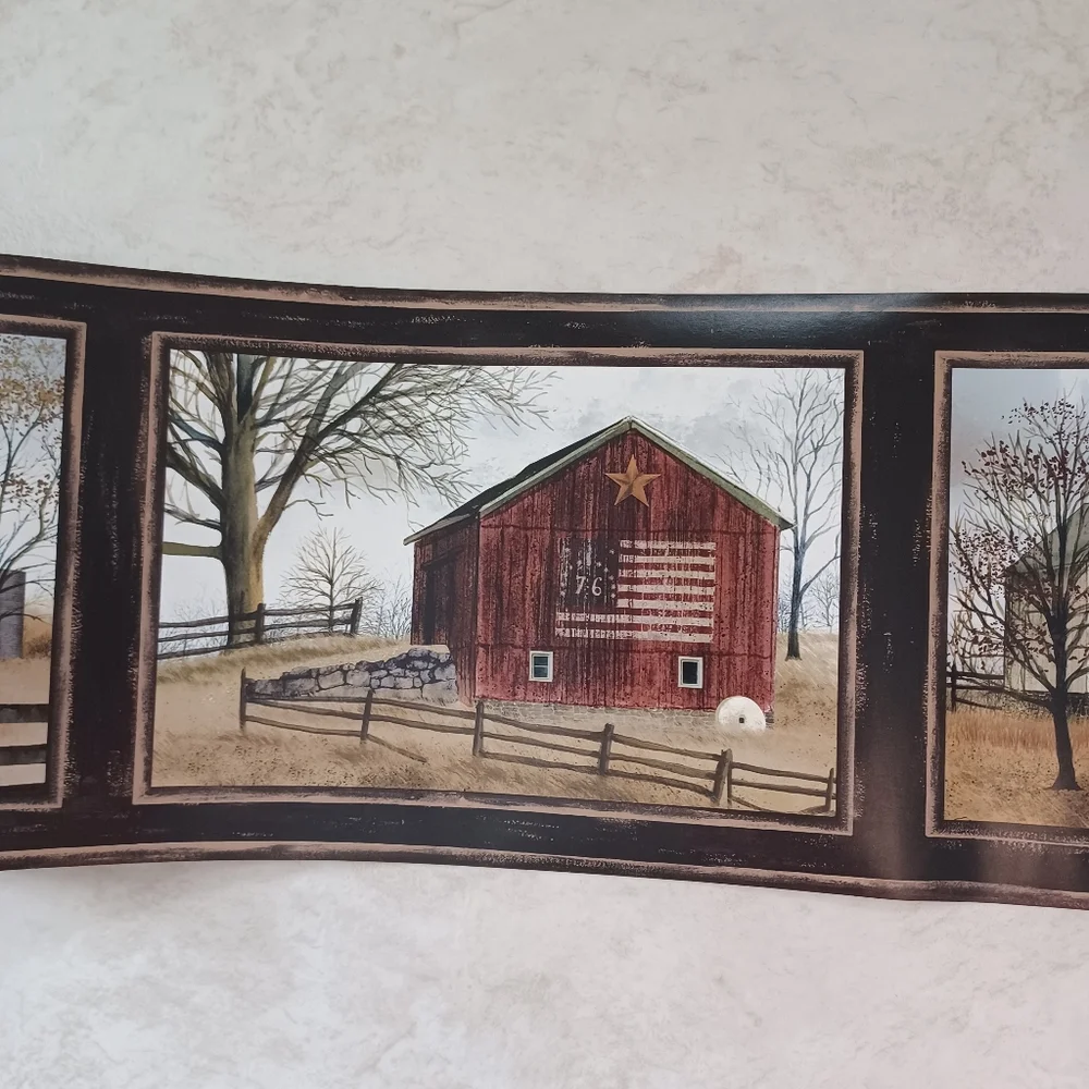 Wallpaper Border Country Farmhouse & Barn Scenes - Black